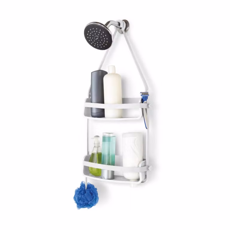 Soporte de accesorios de ducha Flex de 2 estantes con drenaje en color blanco de PVC