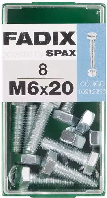 FADIX Tornillo de Cabeza Hexagonal con Tuerca de Acero Galvanizado Color Plata M6 x 20 mm Caja de 8 Unidades