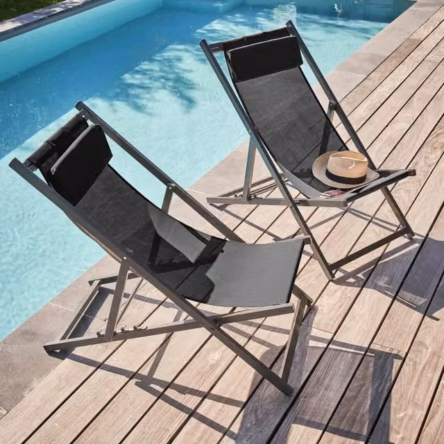 Lote de 2 hamacas OVIALA de aluminio negro con tejido textilene y reposacabezas ajustable para jardín o terraza