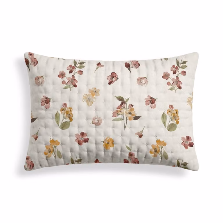Funda de almohada acolchada reversible con diseño floral multicolor y blanco en color terracota, An/P/Al: 50 x 80 cm