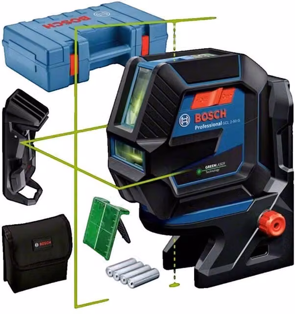 Láser combinado Bosch GCL 2-50 G verde con accesorios y maletas para una zona de trabajo de hasta 50 m