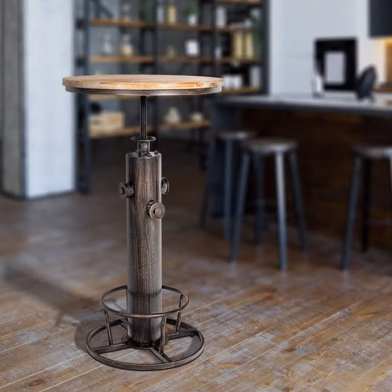 Set de 2 mesas redondas de estilo industrial con superficie de madera de pino y estructura de metal en color bronce y marrón para 4 personas