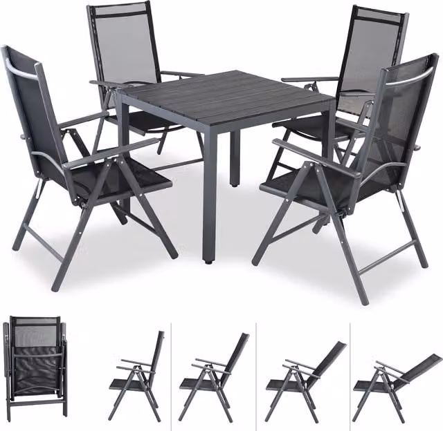 Conjunto de comedor de jardín Casaria para 4 personas con mesa de WPC y 4 sillas reclinables plegables en color negro y antracita