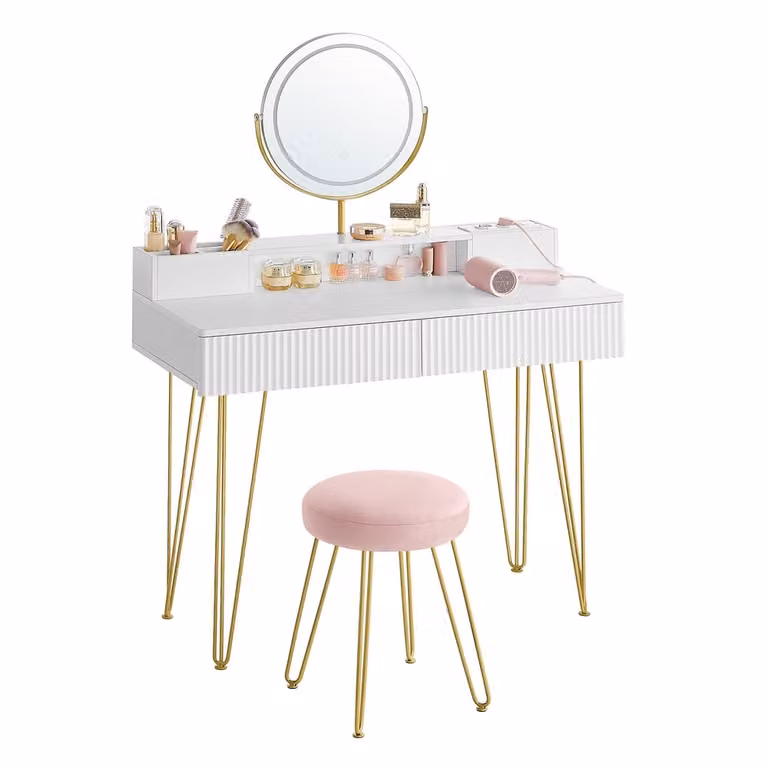 VASAGLE Tocador con Taburete, Espejo Giratorio e Iluminación en Blanco Mate y Dorado, An/P/Al: 100 x 40 x 134,8 cm