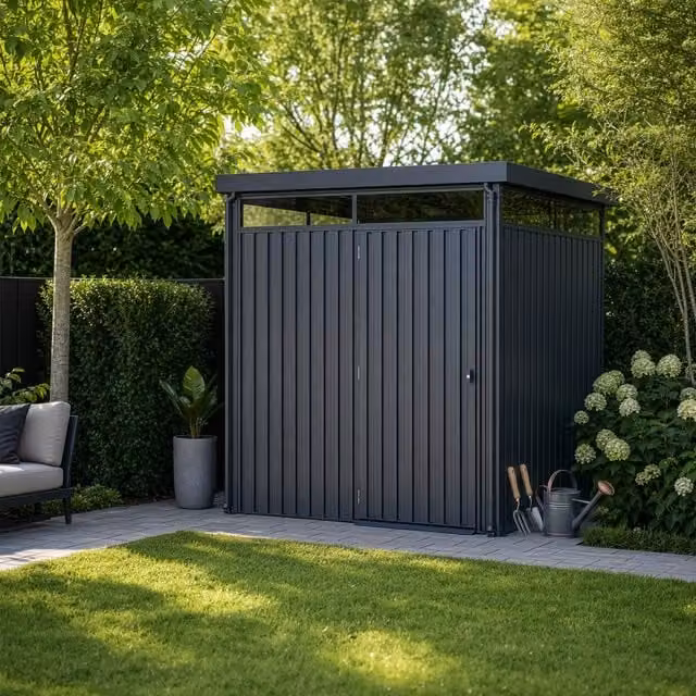 Caseta de jardín Home Deluxe LEVANTO de acero en color antracita con puerta doble y ventana, An: 204 cm, Al: 226 cm