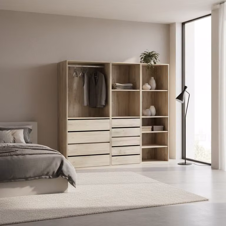 Vestidor modular Sweeek de 3 elementos con cajones y estantes, marrón y beige, An/P/Al: 200 x 45 x 180 cm
