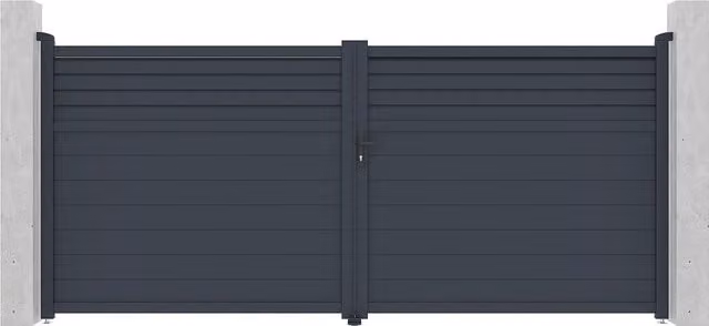 Puerta batiente doble eléctrica de aluminio con lamas Vente-Unique en color gris antracita, An: 397 cm, Al: 181 cm