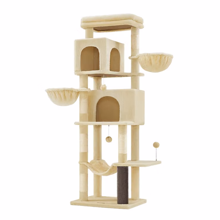 Feandrea Árbol para Gatos Multinivel con 2 Cuevas y Hamaca, Color Beige Arena, Altura: 175 cm