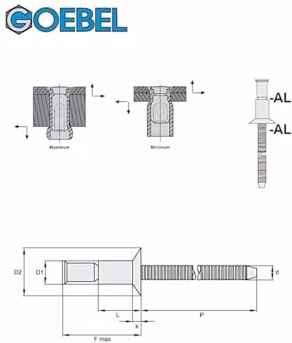 Remaches ciegos de alta resistencia M-Lock Goebel de aluminio con cabeza avellanada, color plata, 6,4 x 16,0 mm