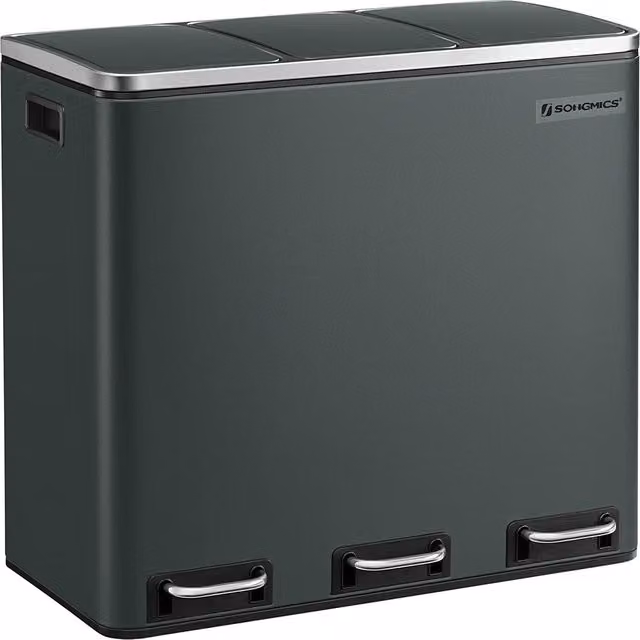 Cubo de basura para reciclaje Songmics de 3 compartimentos con pedal, acero y plástico, color verde, An/P/Al: 61,0 x 54,0 x 31,5 cm
