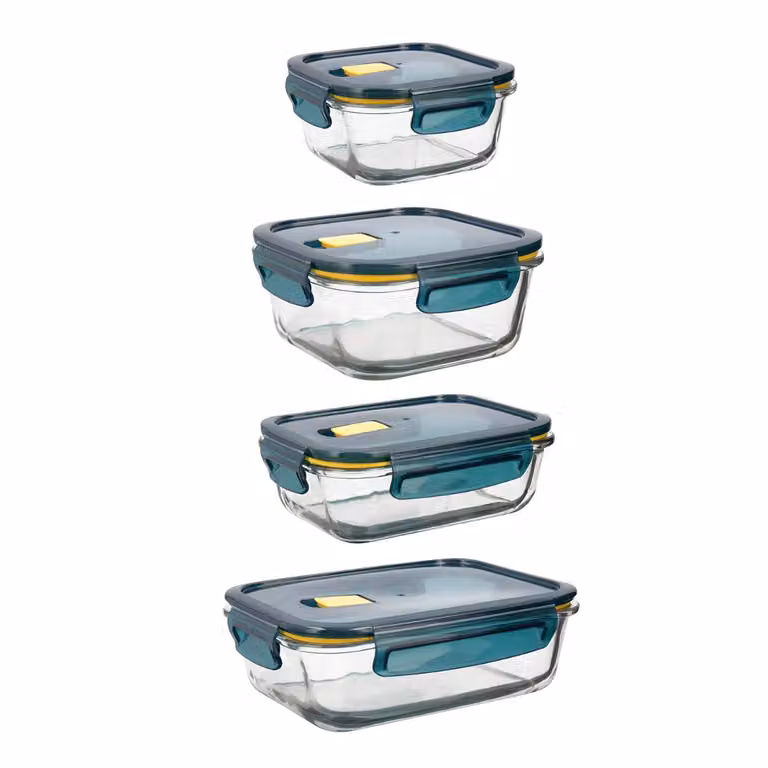 Set de 4 recipientes herméticos de vidrio Astral Quid en color azul, aptos para microondas, congelador y lavavajillas, con capacidades de 52cl, 64cl, 80cl y 104cl