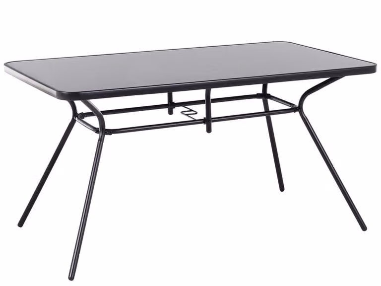 Mesa de comedor rectangular moderna Beliani de cristal y acero con acabado negro mate para jardín, terraza o balcón