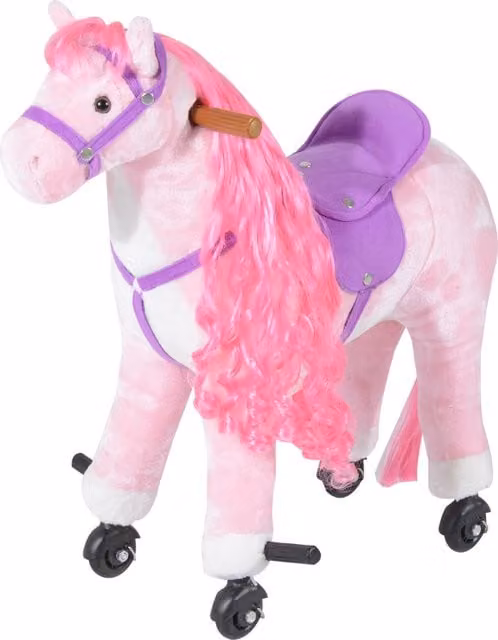 Caballo mecedor HOMCOM para niños de 2 años en adelante con sonidos realistas, 4 ruedas y reposapiés, color rosa, An/P/Al: 65 x 28 x 75 cm