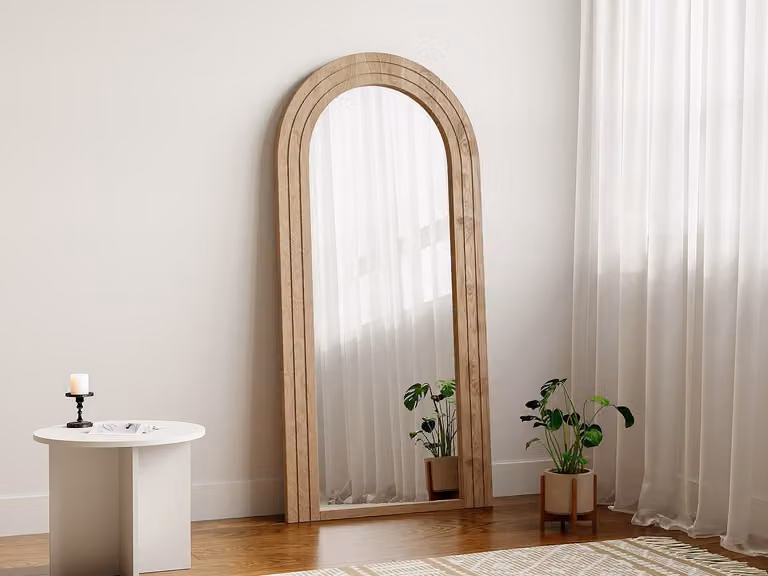 Espejo moderno de pared arqueado ANSHUN en madera de color marrón y beige, An: 70 cm, Al: 150 cm