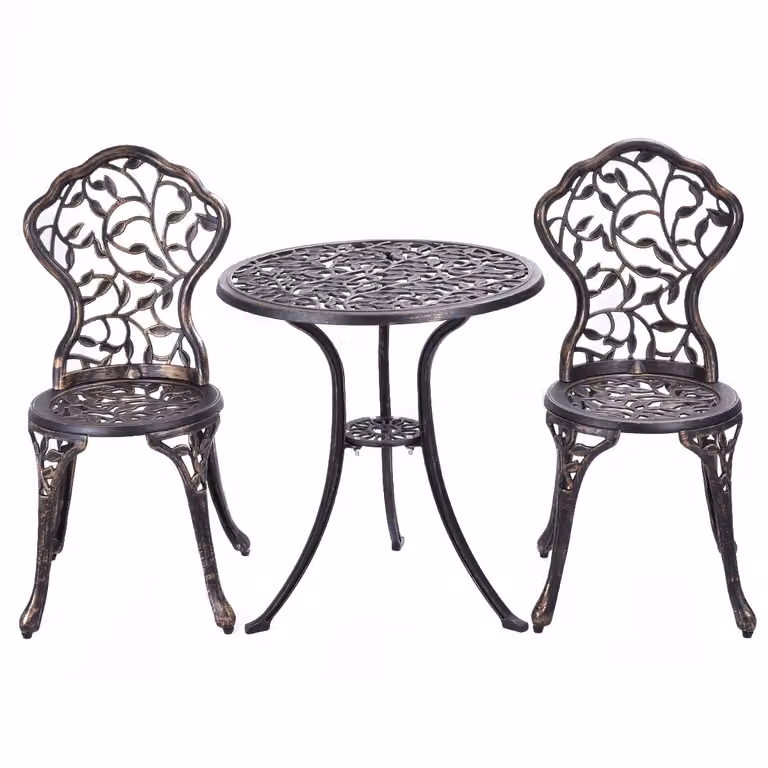 Conjunto de mesa y 2 sillas de jardín COSTWAY de aluminio en color bronce con diseño floral para exterior