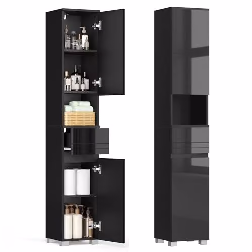 Armario de baño VASAGLE negro con cajón y estantes regulables An/P/Al: 30 x 30 x 170 cm