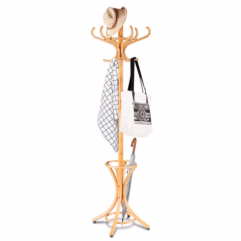 Perchero de pie tipo árbol Costway de madera de pino en color marrón con 12 perchas para colgar ropa y sombreros, Altura: 184 cm