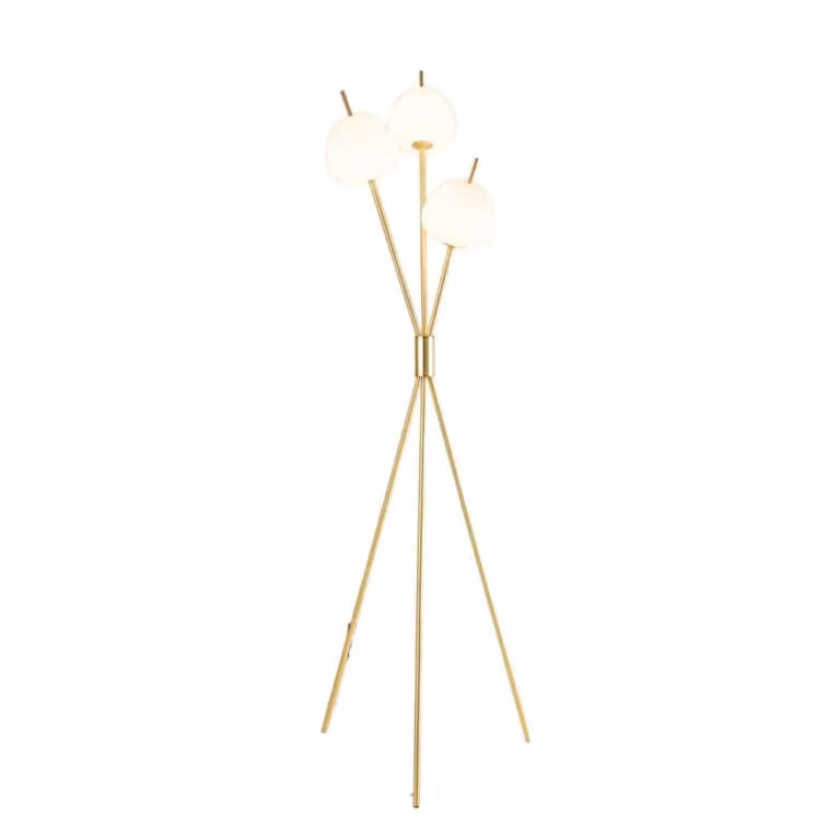 Lámpara de pie moderna Olanta de KOSILUM con trípode dorado y cristal blanco, LED integrada de luz blanca cálida, Altura: 157 cm