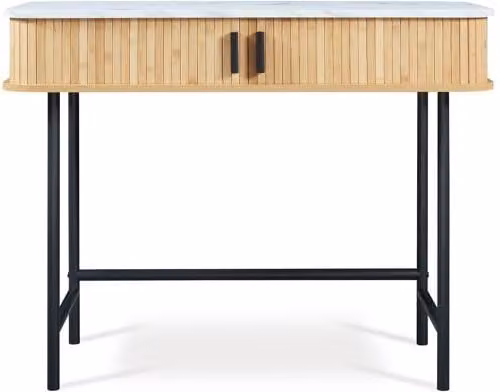 Mesa consola Tvedestrand de en.casa con puertas de bambú y acabado de mármol blanco, An/P/Al: 100 x 50 x 76 cm