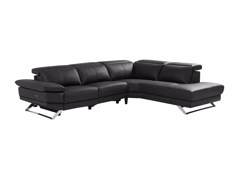 Sofá rinconera derecha PUNO II de cuero vacuno negro con relax eléctrico, reposacabezas ajustable y carga USB