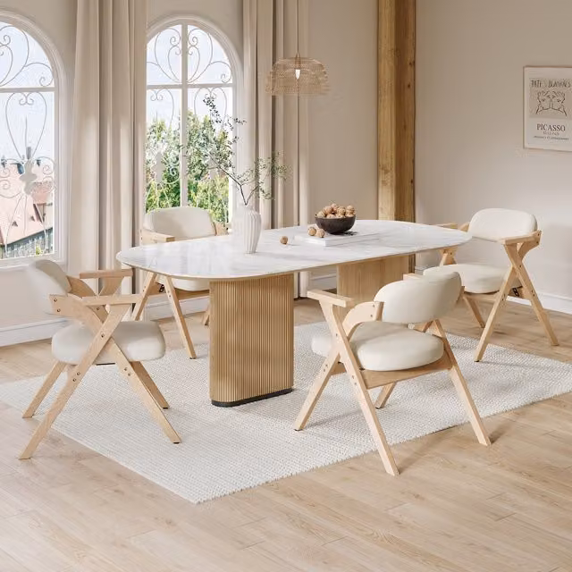 Juego de 4 sillas plegables MODFU con reposabrazos, estructura de madera maciza y asiento de lino en color beige