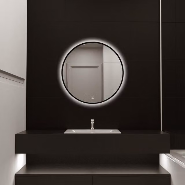 Espejo LED redondo DUBI de Home Deluxe con interruptor táctil y regulable en negro, Diámetro: 60 cm