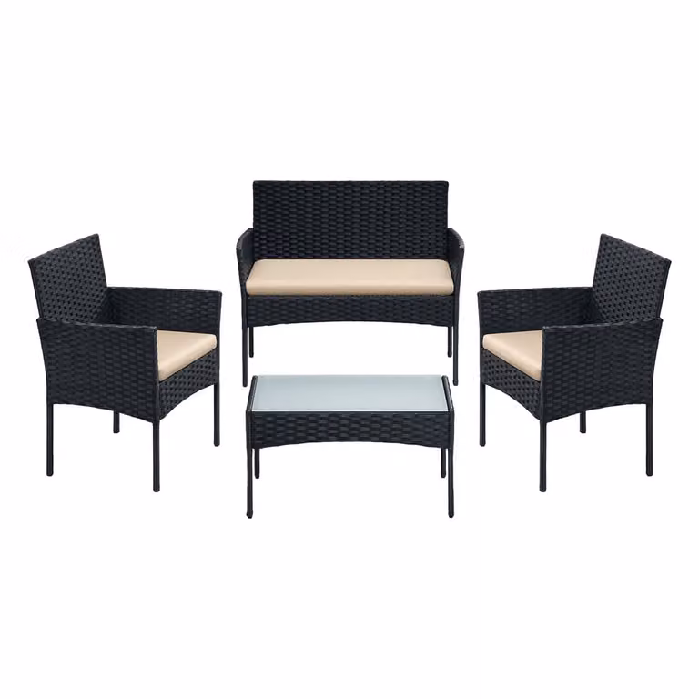Conjunto de muebles de jardín SONGMICS de 4 piezas en ratán negro y gris con cojines y mesa de centro para terraza o balcón