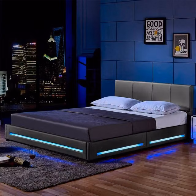 Cama LED ASTEROID de Home Deluxe tapizada en piel sintética gris oscuro An/P/Al: 180 x 200 cm