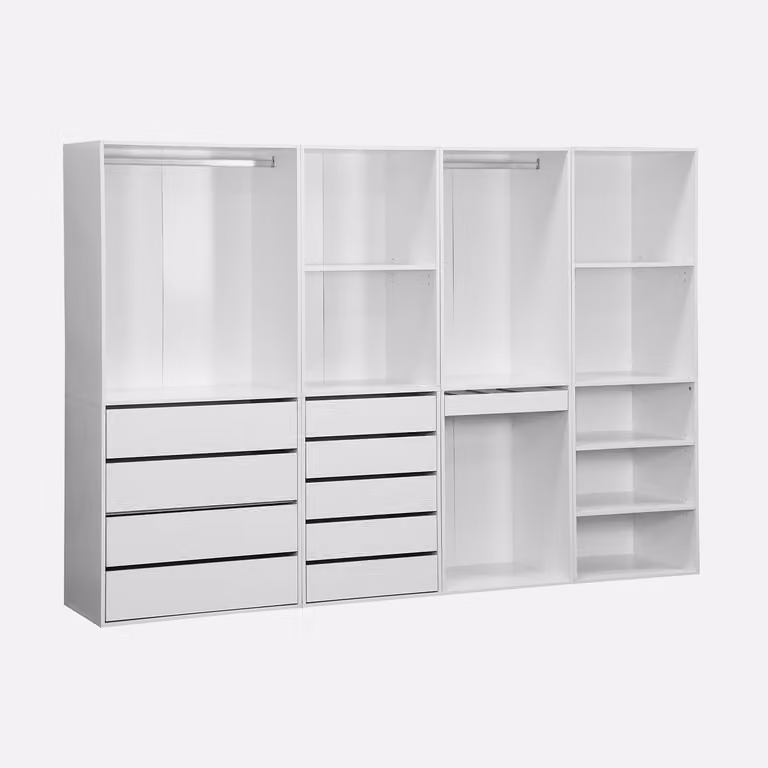 Armario modular SWEEEK de 4 elementos en blanco con cajones y estantes, An/P/Al: 260 x 45 x 180 cm
