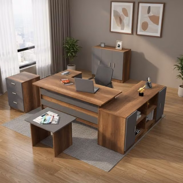 Set de oficina modulable DMORA con escritorio, estantería y cajonera en color nogal oscuro