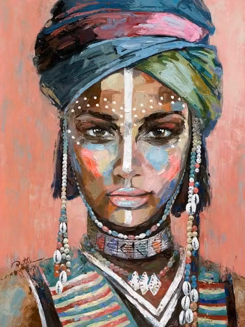 Cuadro retrato de mujer africana estilo étnico abstracto de HISPANOHOGAR en lienzo rosa y multicolor, An/P/Al: 100 x 70 x 3 cm
