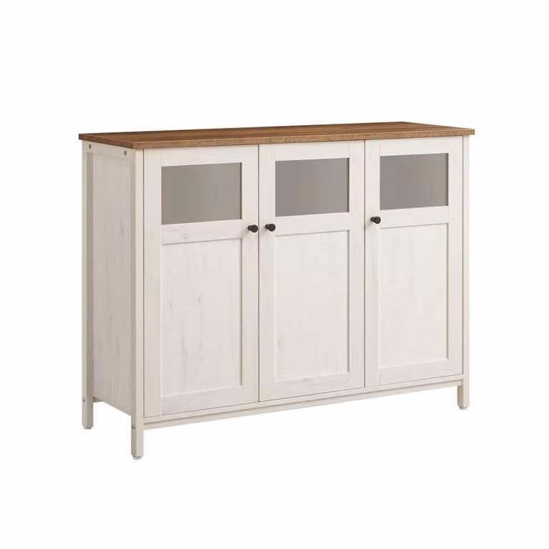 Aparador industrial VASAGLE con 3 puertas de cristal en marrón y blanco para salón, comedor o cocina