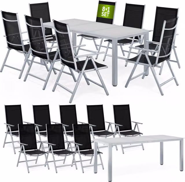 Conjunto de comedor de jardín Casaria Bern con 1 mesa de vidrio esmerilado y 8 sillas plegables de aluminio en color plata, An/P/Al: 190 x 90 cm