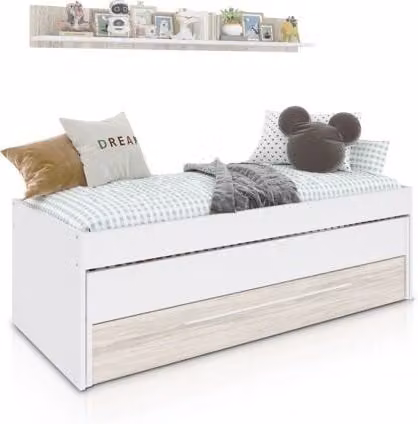 Cama nido juvenil con estante y cajones Duehome en blanco mate, An/P/Al: 199 x 65 x 96 cm