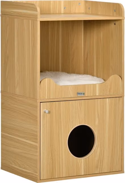 Mueble de baño para gatos PawHut con 3 niveles, compartimento cerrado, puerta y cojín, color beige, An/P/Al: 60 x 45 x 103 cm