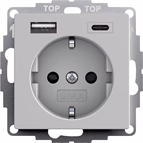Toma de corriente Schuko Gira con conectores USB tipo A y C, montaje empotrado, color gris mate