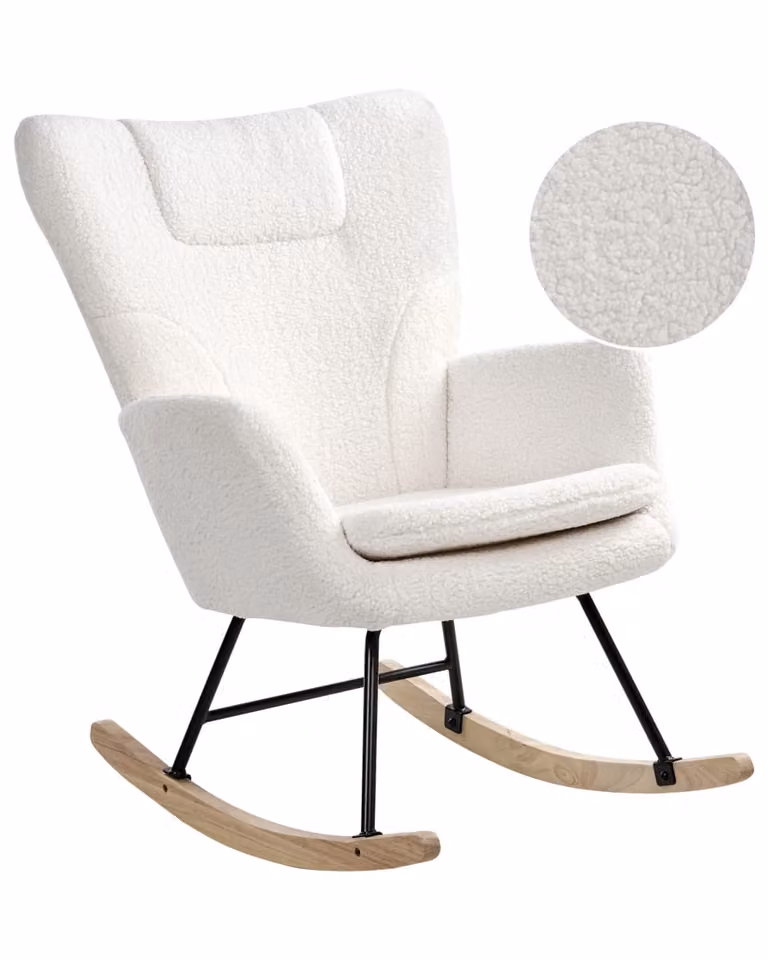 Mecedora de estilo escandinavo Beliani en tejido bouclé blanco para salón o dormitorio