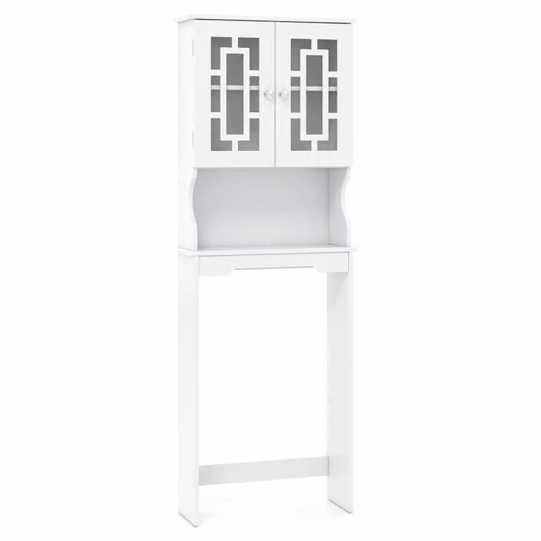 Armario sobre inodoro Costway de madera MDF con puertas de vidrio templado y estantes, color blanco, An/P/Al: 60 x 21,5 x 170 cm