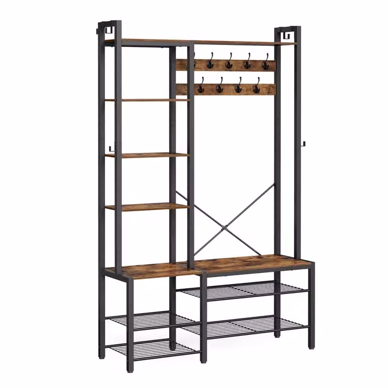 VASAGLE Perchero Recibidor con Banco Zapatero, Estilo Industrial, Marrón y Negro, An/P/Al: 120 x 40 x 190 cm
