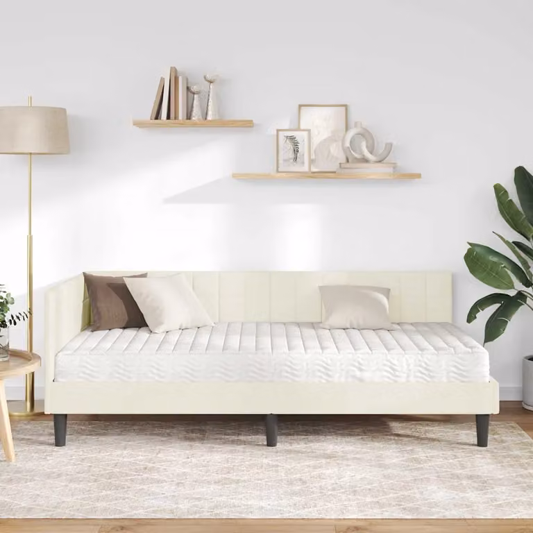 Estructura de cama de esquina con 2 colchones vidaXL en color beige y acabado de terciopelo, An/P/Al: 100 x 200 cm
