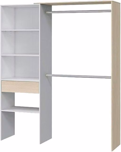 Armario vestidor Korex de diseño moderno en blanco y roble con estantes y cajones An/P/Al: 158 x 40 x 187 cm