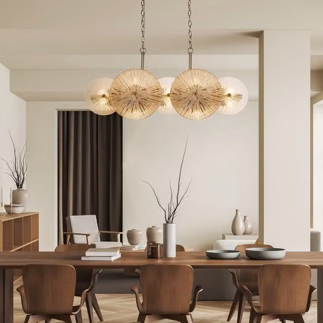 Lámpara colgante moderna de cristal transparente y latón dorado para comedor o salón, altura ajustable de 90 cm, compatible con 10 bombillas G9