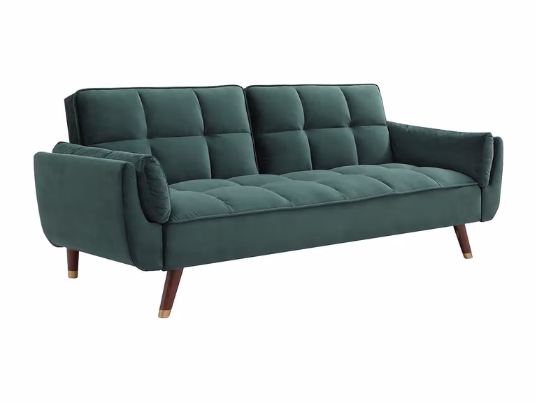 Sofá cama de 3 plazas GULCAN en terciopelo verde con estructura de madera y reposacabezas ajustable