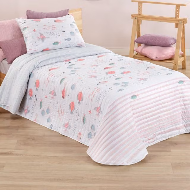 Colcha bouti reversible infantil con estampado de peces Manterol multicolor para cama de 90 cm