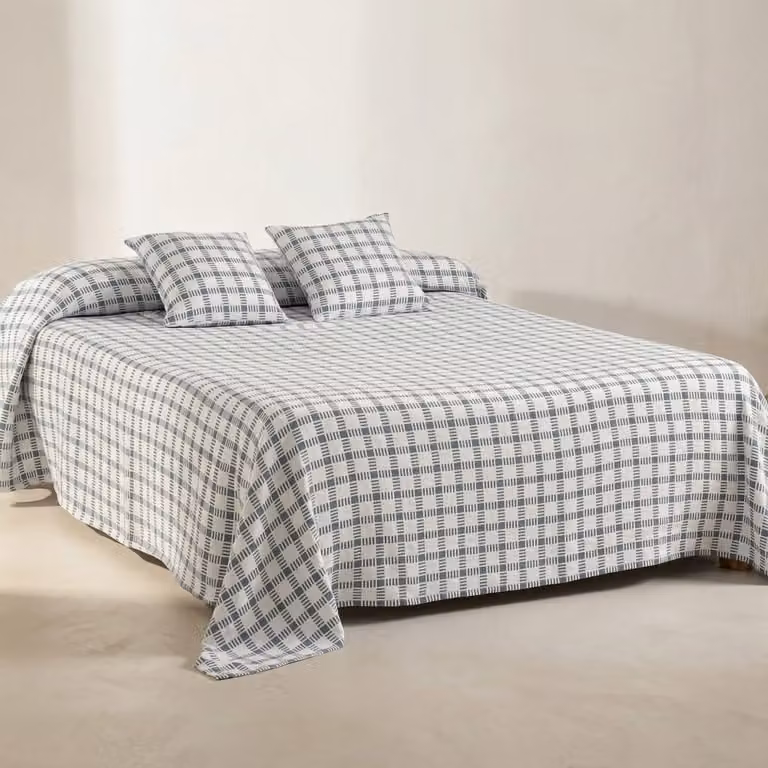 Colcha Gamusi de algodón con diseño de cuadros jacquard en azul para cama de 90 cm, An x Al: 180 x 270 cm