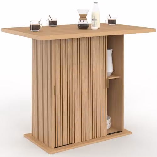Isla de cocina IDMarket Julieta para 4 personas con almacenamiento y efecto listones de madera en color marrón, An: 110 cm, Al: 70 cm, P: 90 cm