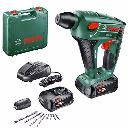 Martillo perforador a batería Bosch Uneo Maxx de 18 V con 2 baterías de 2,5 Ah y estuche de transporte