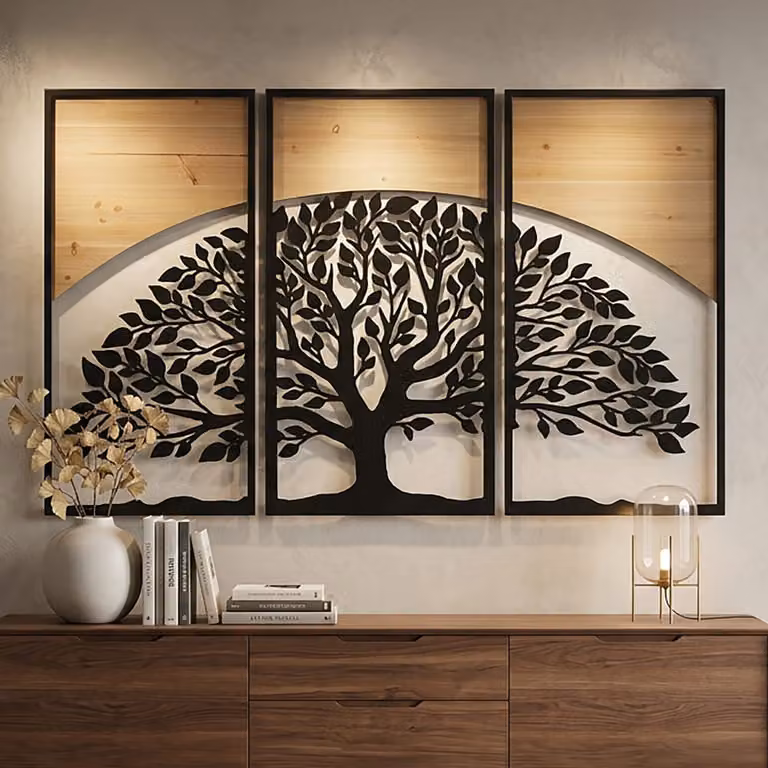 Juego de 3 paneles decorativos 3D Mauro Ferretti de metal y madera en negro y marrón, diseño de naturaleza y paisaje, An/P/Al: 105 x 2 x 70 cm