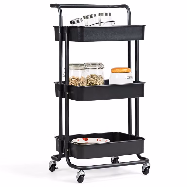 Carrito auxiliar de almacenamiento Costway con 3 cestas de plástico y metal en color negro para cocina o baño, An/P/Al: 42 x 35 x 87 cm