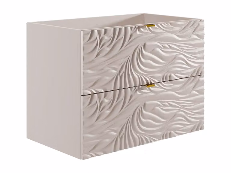 Mueble de baño suspendido texturizado Rinarel en color beige y detalles dorados con puertas de cierre suave